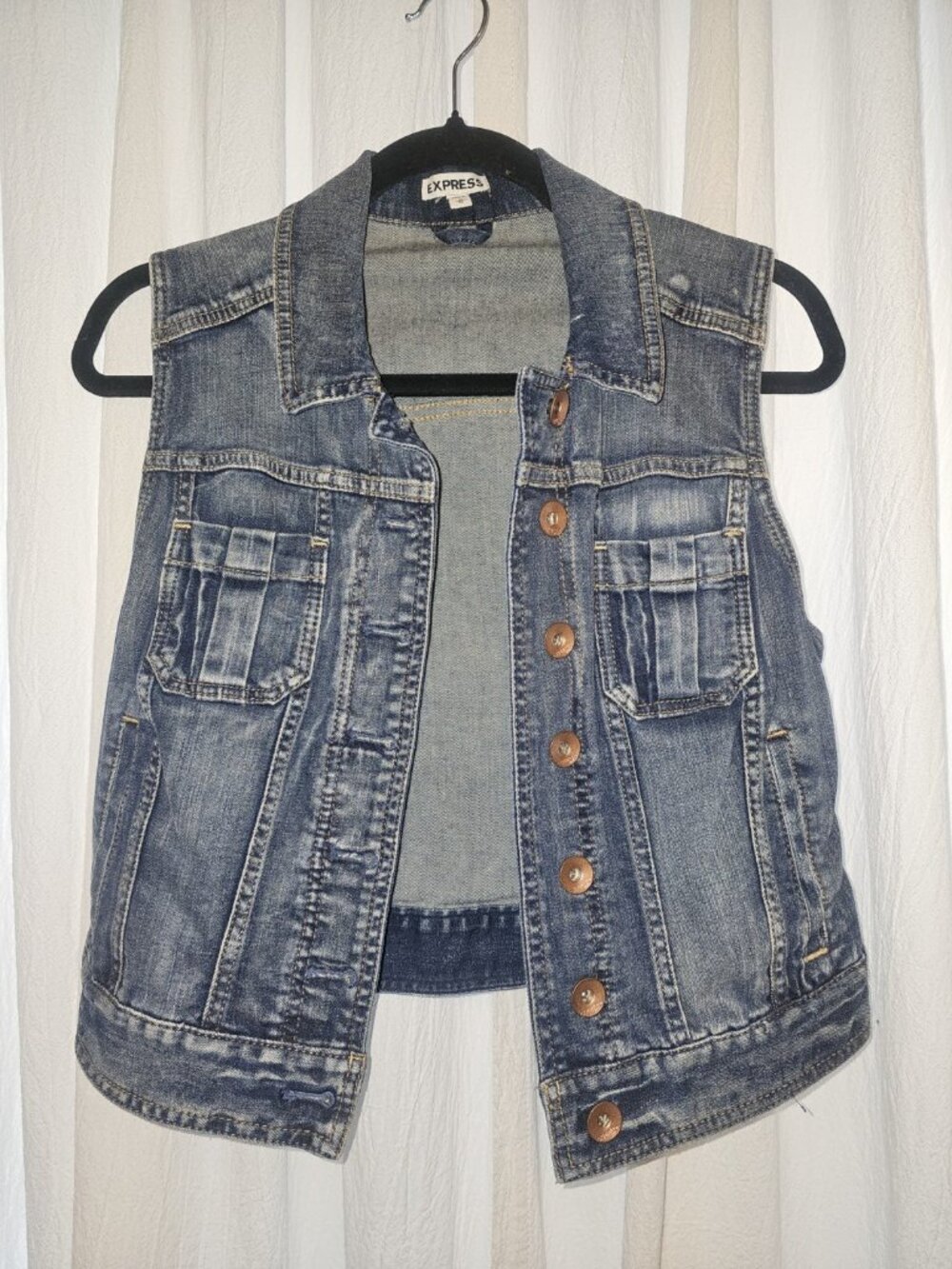 Express Denim Jean Vest Medium Blue Leopard Lined Stretch